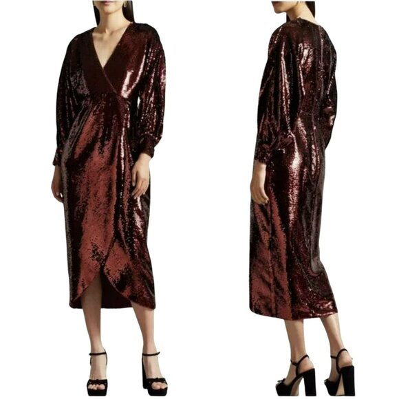 Ted Baker Sequins Burgundy Wine Emmalee Surplice Midi Dress US 6 - Picture 2 of 9